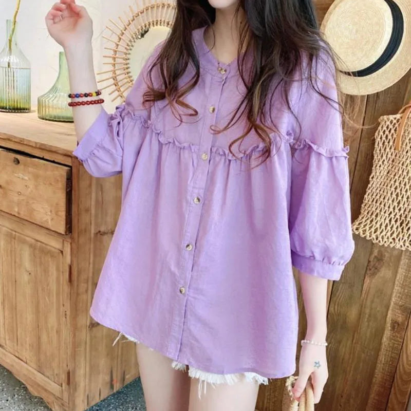 Korean Loose Women's Solid Color Half Sleeve Blouse