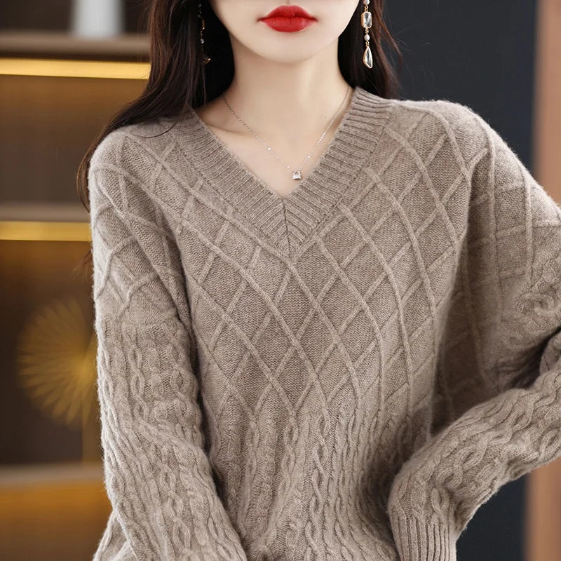 Women  Clothing 100% Wool V-neck Pullovers Ladies Long Sleeve Soft Knitwears Loose Oversize Tops