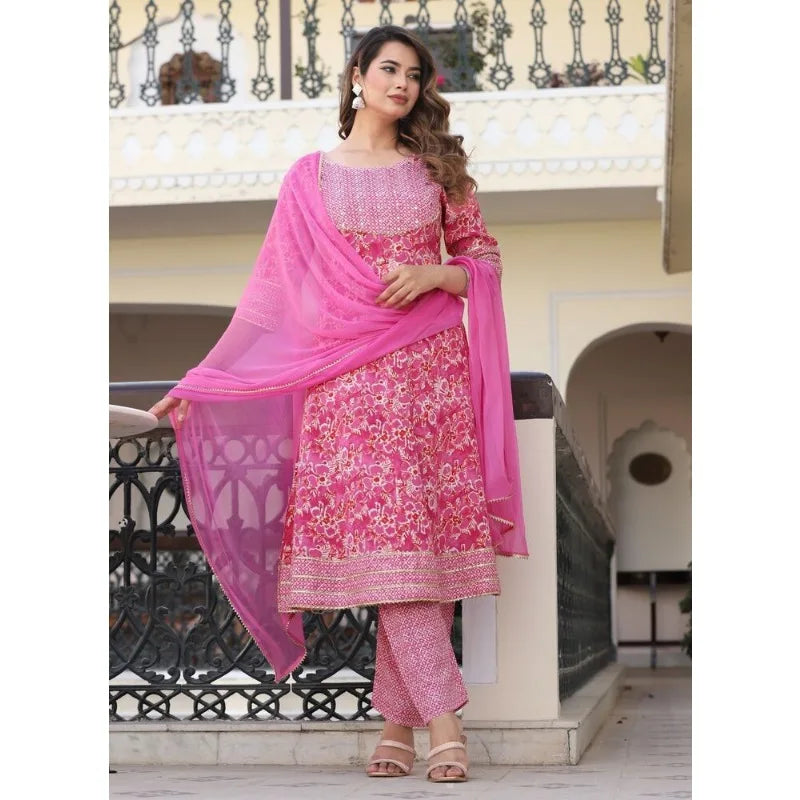 Embroidery Work Pink Anarkali Kurti Pant & Dupatta Salwar Dress