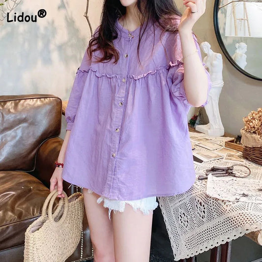 Korean Loose Women's Solid Color Half Sleeve Blouse