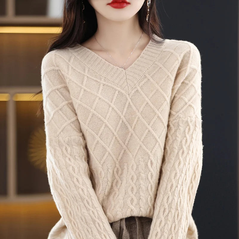 Women  Clothing 100% Wool V-neck Pullovers Ladies Long Sleeve Soft Knitwears Loose Oversize Tops