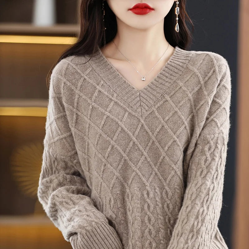 Women  Clothing 100% Wool V-neck Pullovers Ladies Long Sleeve Soft Knitwears Loose Oversize Tops