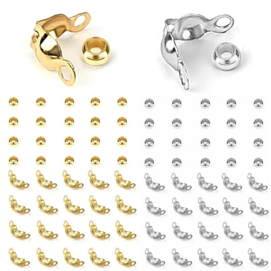 100pcs/lot Stainless Steel Gold Color Connector Clasp Crimp End Beads Findings Kit DIY Bracelet Necklace Jewelry Making Supplies