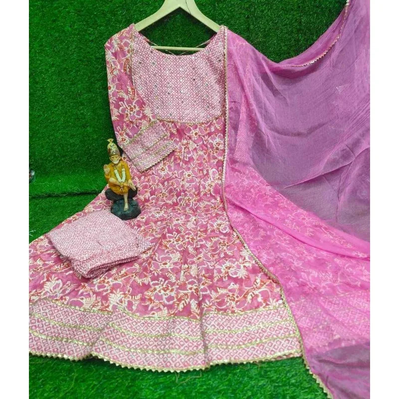 Embroidery Work Pink Anarkali Kurti Pant & Dupatta Salwar Dress