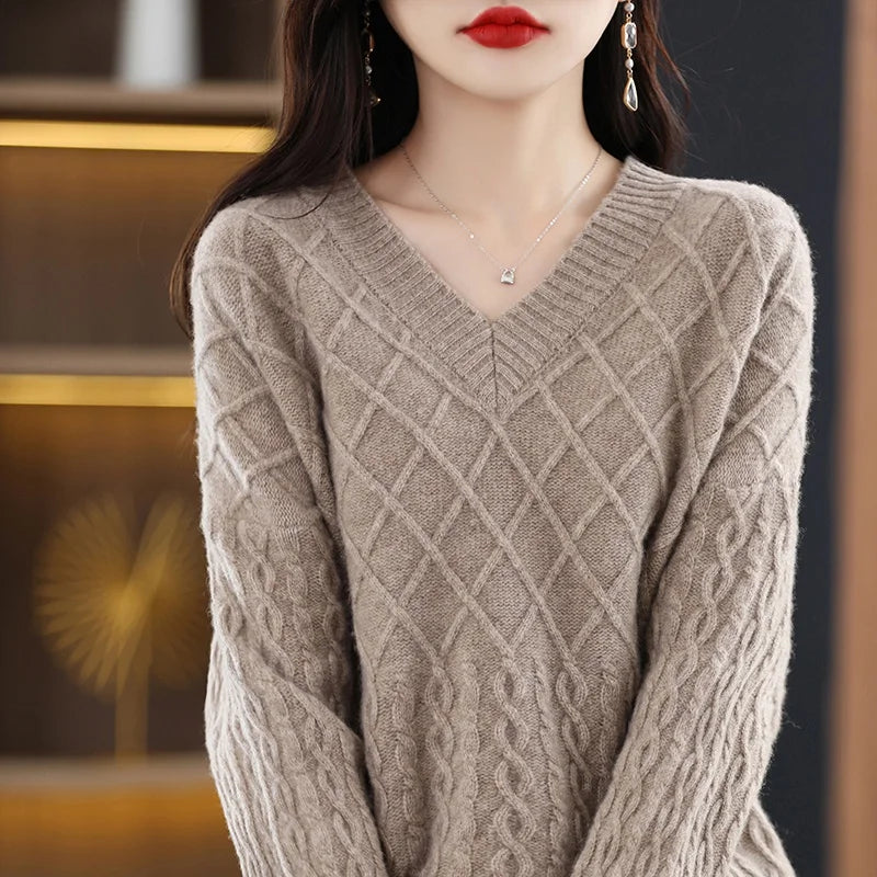 Women  Clothing 100% Wool V-neck Pullovers Ladies Long Sleeve Soft Knitwears Loose Oversize Tops