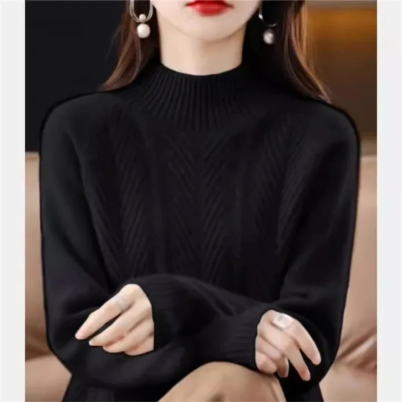 Women Half Turtleneck Pullover Knitted Sweaters Warm Knitwear Female Jumper Winter Casual Top