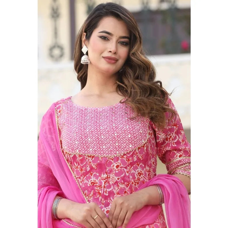 Embroidery Work Pink Anarkali Kurti Pant & Dupatta Salwar Dress