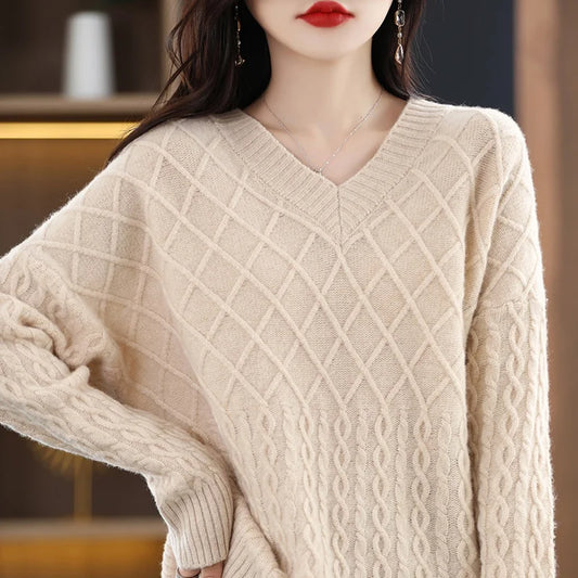 Women  Clothing 100% Wool V-neck Pullovers Ladies Long Sleeve Soft Knitwears Loose Oversize Tops