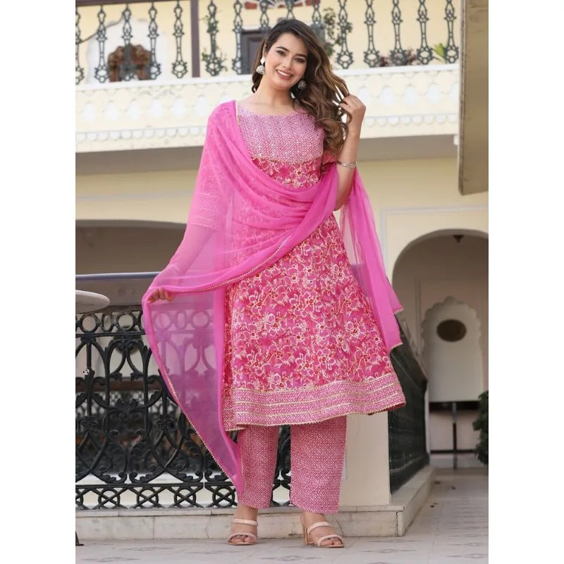 Embroidery Work Pink Anarkali Kurti Pant & Dupatta Salwar Dress